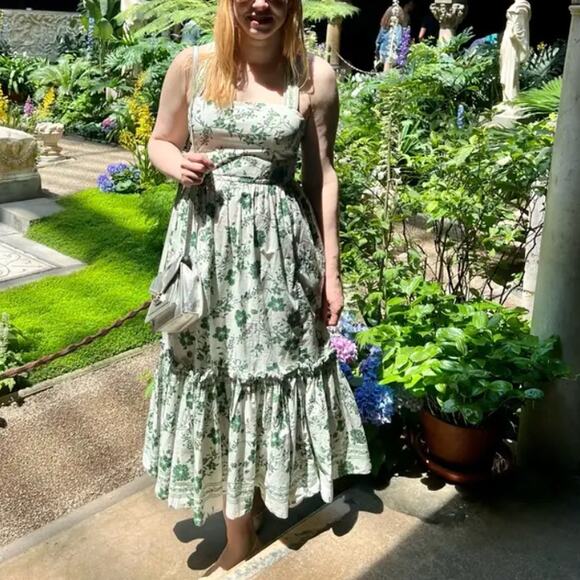 Cara Cara White Green Floral Midi Dress MEDIUM Ruffle Cottagecore Designer $525 - Picture 5 of 14
